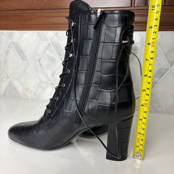 41/10 Black Leather Croc Round Toe Lace Up Zip Block Heel Ankle Boot Bootie - Picture 3 of 12